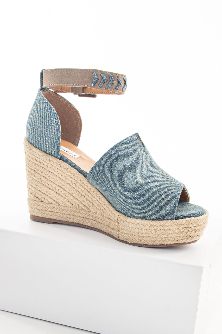 Denim Open Toed Espadrille Wedge with Ankle Strap