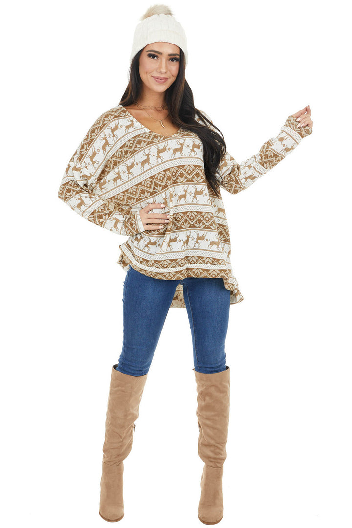 Camel and Ivory Holiday Print Oversized Long Sleeve Top