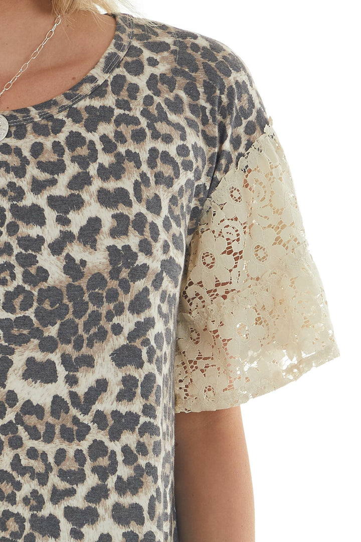 Latte Leopard Print Top with Short Floral Lace Bell Sleeves 