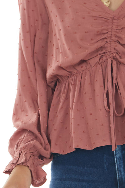 Terracotta Swiss Dot Ruched Puff Sleeve Blouse