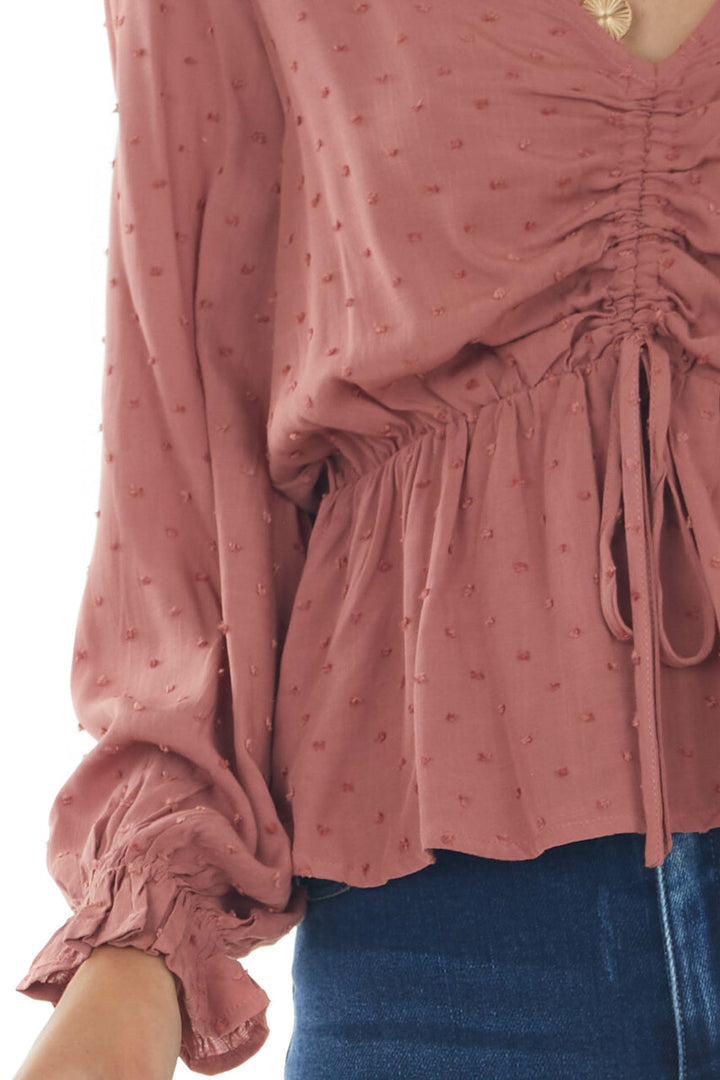 Terracotta Swiss Dot Ruched Puff Sleeve Blouse