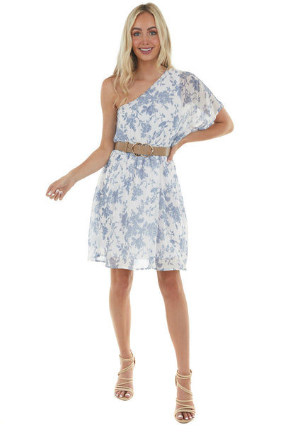 Pearl Floral Print One Shoulder Short Dress