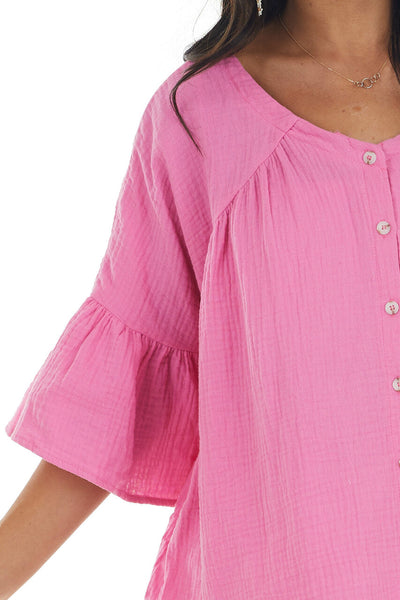 Thulian Pink Button Down Flare Sleeve Blouse 