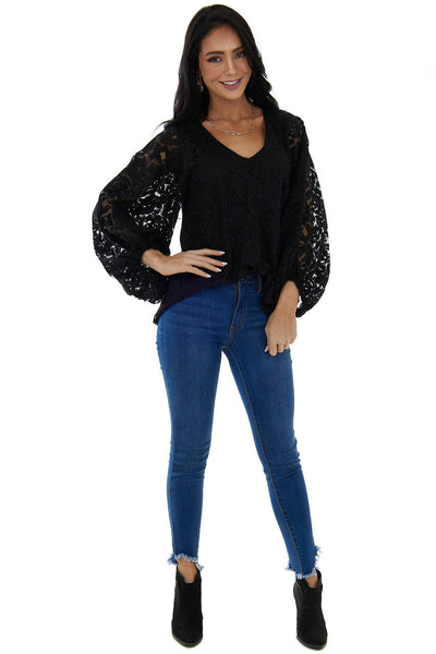 Black Floral Lace Long Bubble Sleeve Blouse