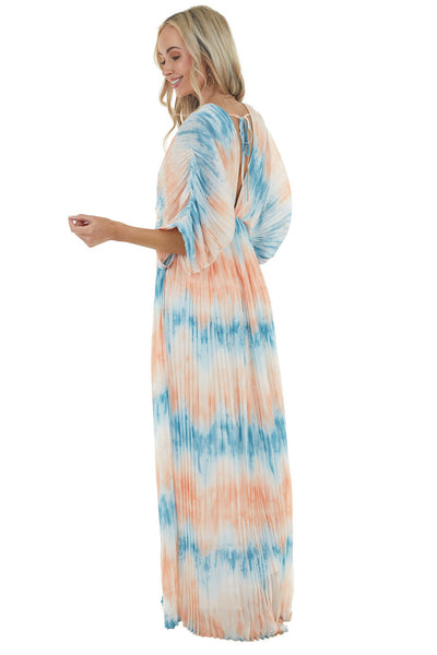 Cobalt and Salmon Tie Dye Pleated Woven Maxi Dress