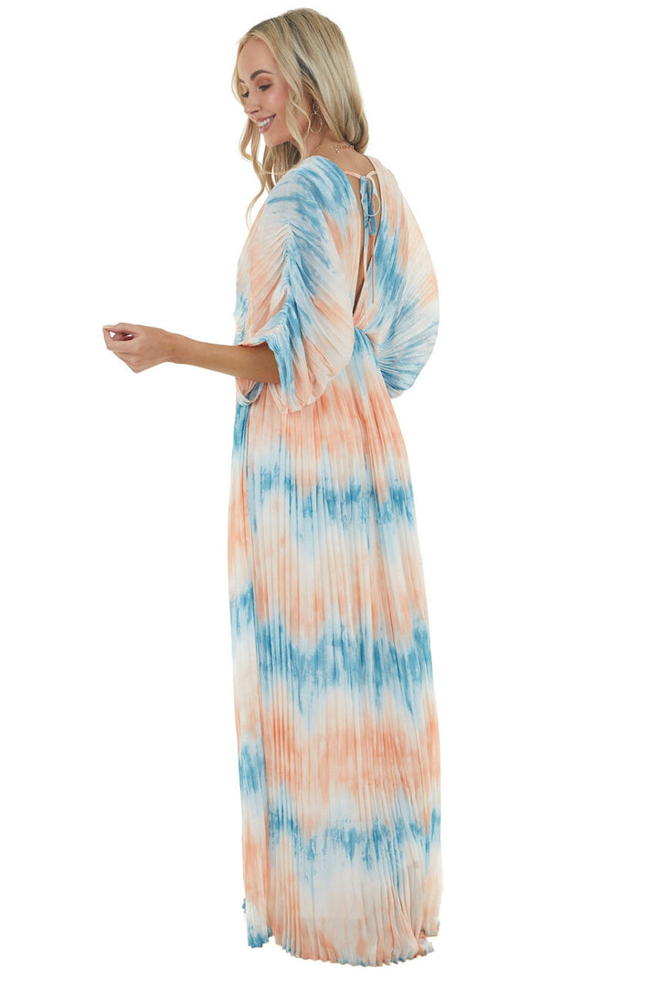 Cobalt and Salmon Tie Dye Pleated Woven Maxi Dress