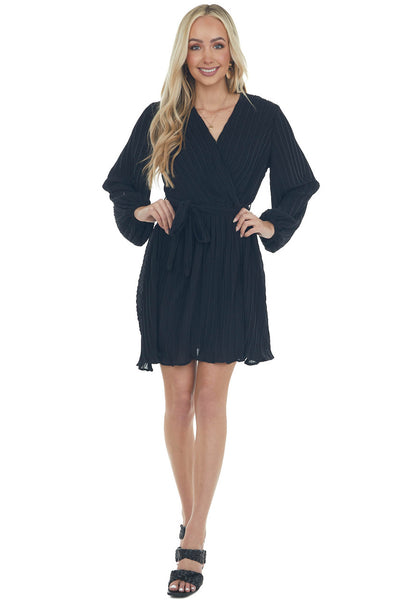 Black Pleated Surplice Neck Waist Tie Dress