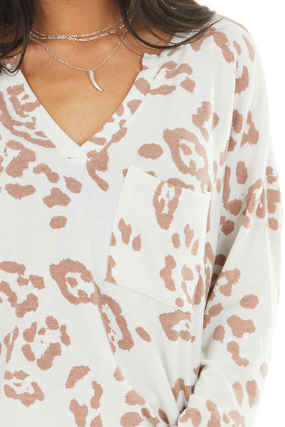 Ivory Leopard Print Long Sleeve Top with Front Pocket