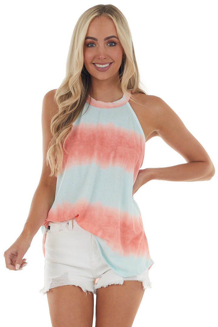 Mint and Coral Tie Dye Halter Knit Tank Top 