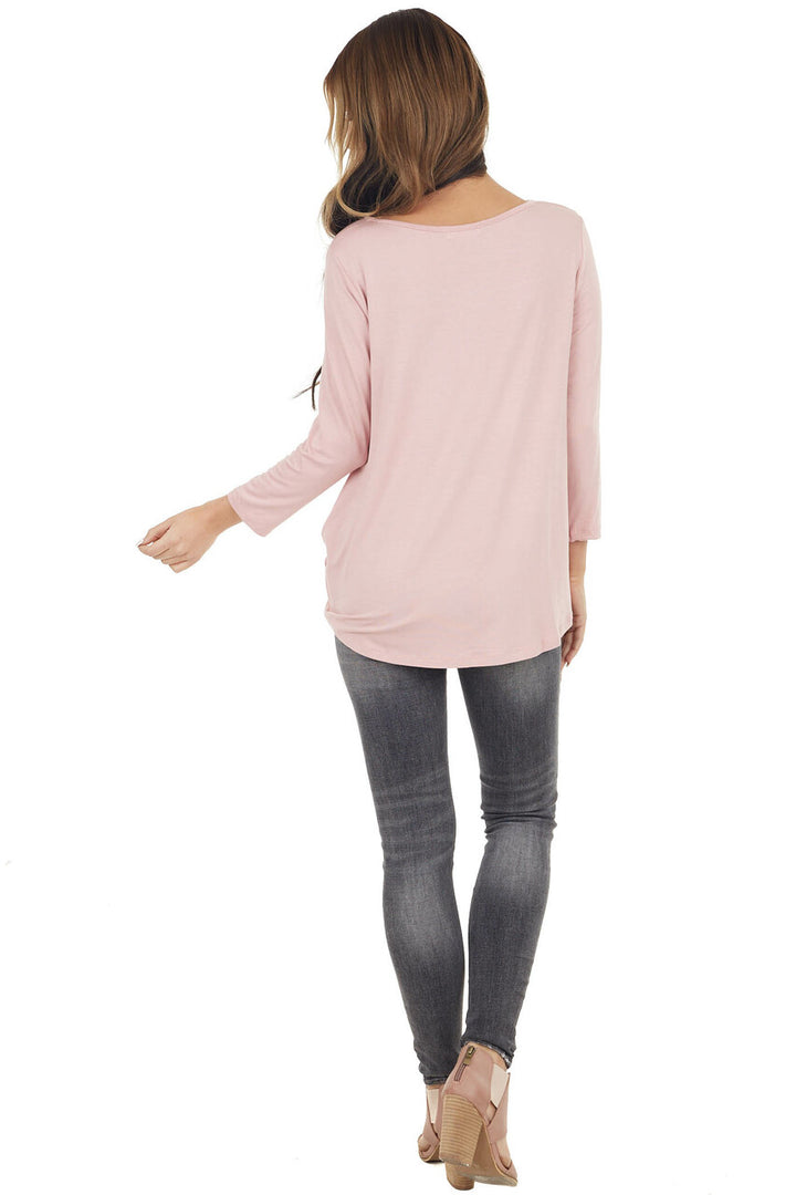 Dusty Blush 3/4 Sleeve Top with Caged Neckline Detail
