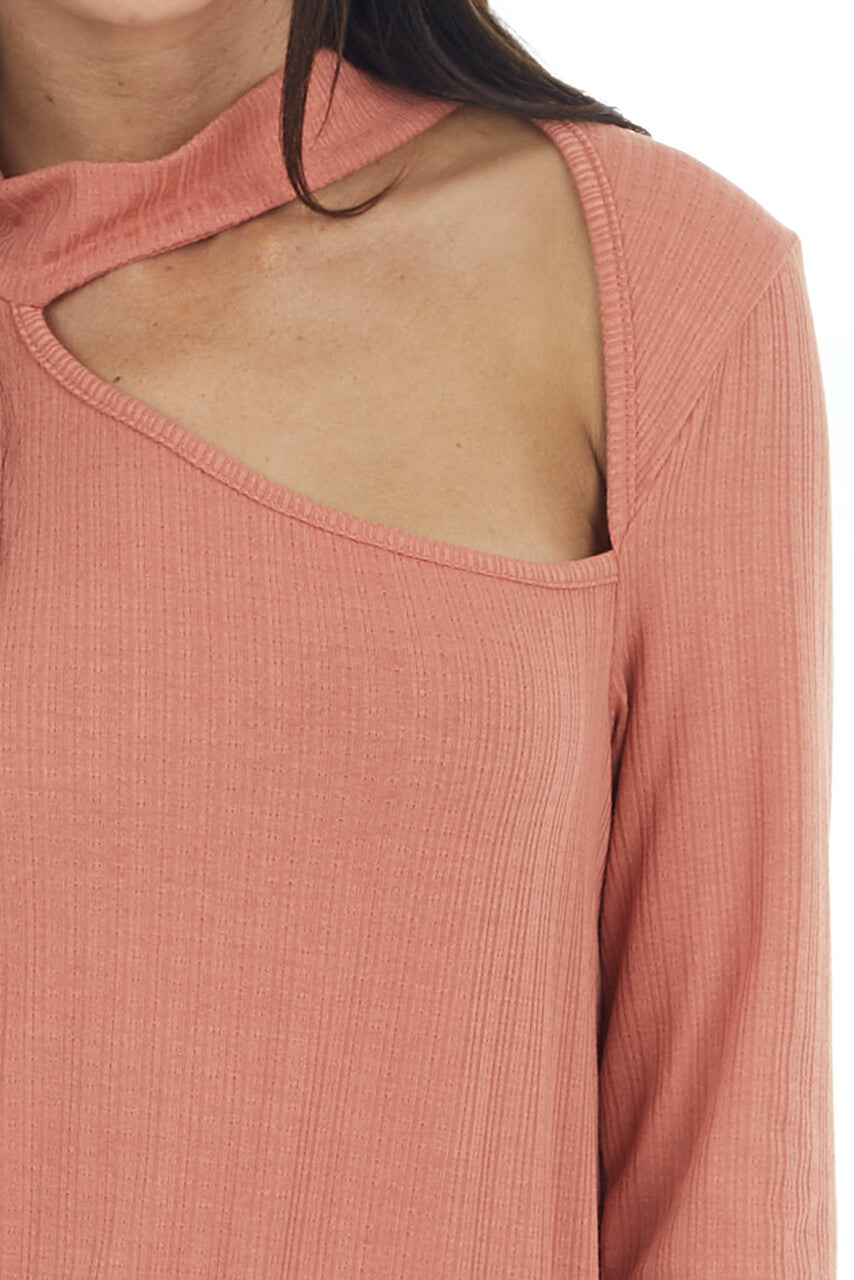 Terracotta Long Sleeve Stretchy Knit Top with Cut Out Detail