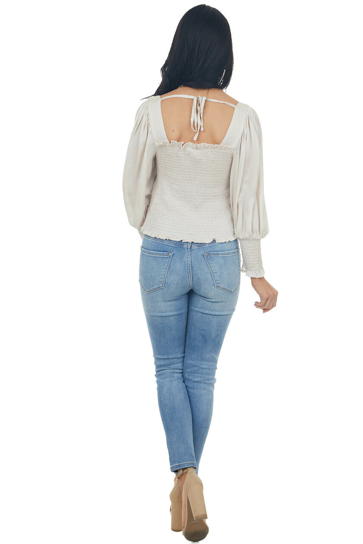 Eggshell Long Bubble Sleeve Smocked Blouse with Tie Detail