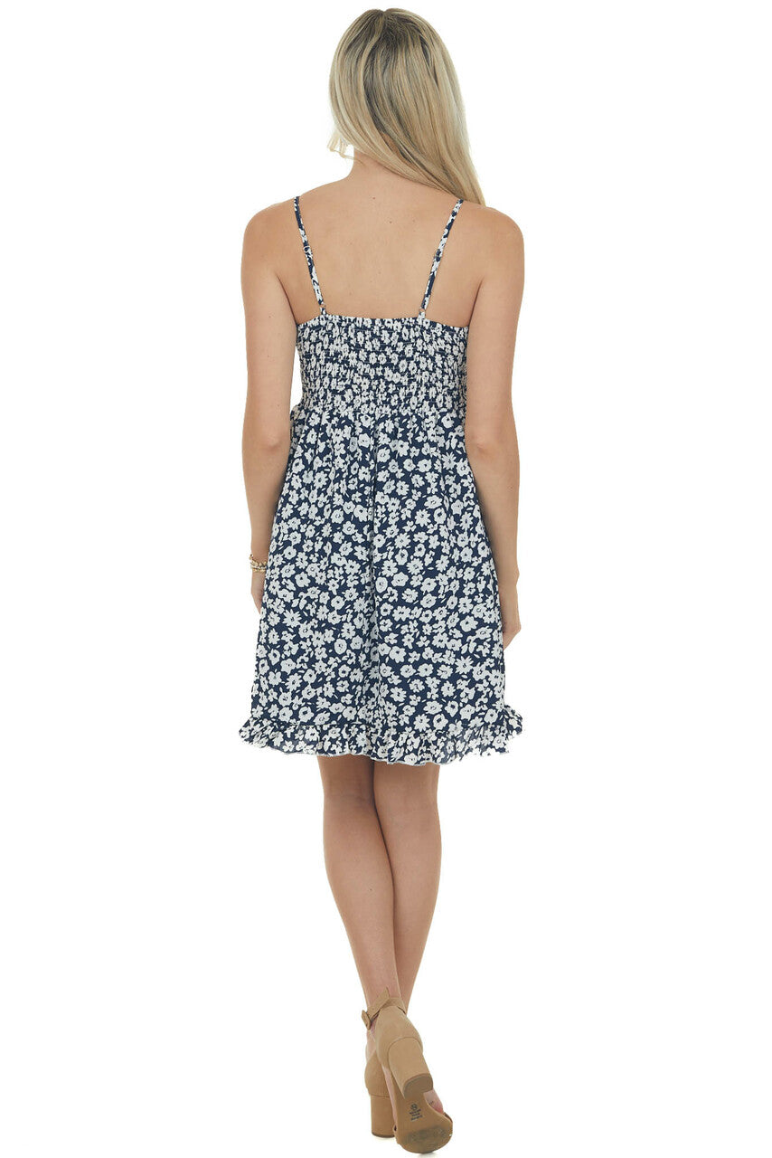 Navy Floral Print Sleeveless Short Dress with Tie Detail 