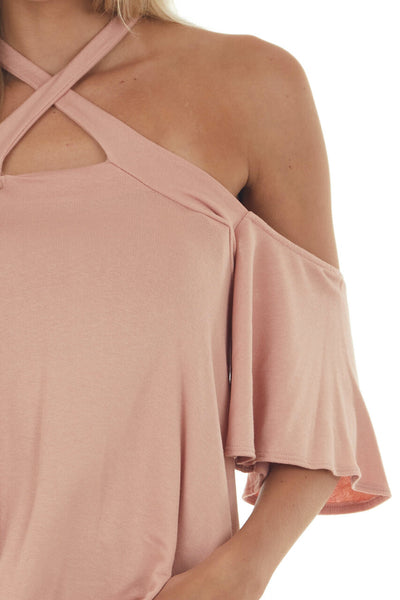 Peach Flutter Sleeve Cold Shoulder Halter Top