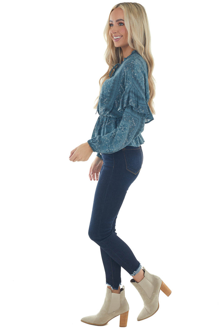 Sea Blue Printed Long Sleeve Peplum Fit Blouse