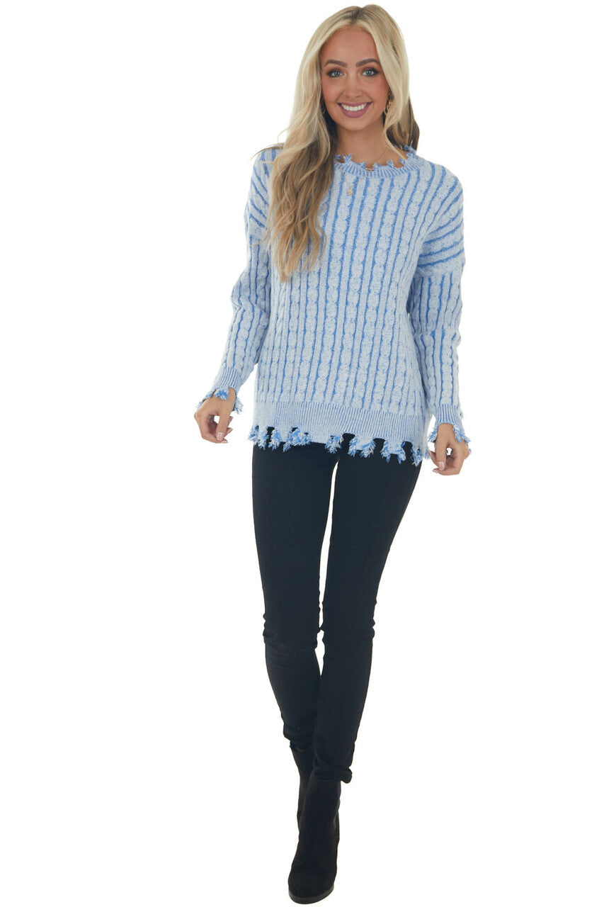 Blue Cable Knit Distressed Trim Sweater