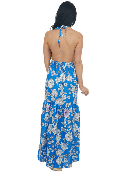 Cobalt Blue Floral Print Maxi Dress