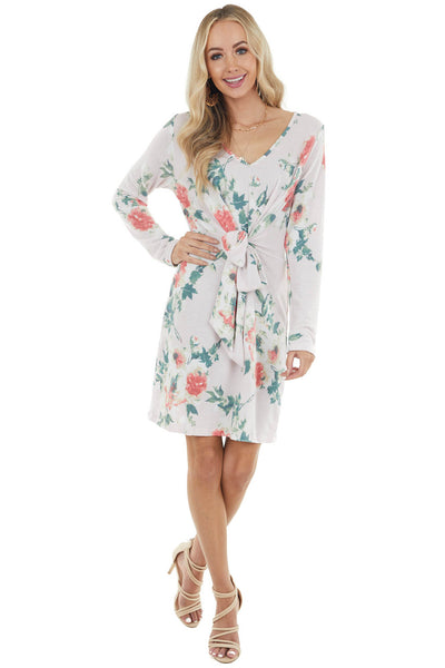 Light Blush Floral Long Sleeve Mini Dress with Front Tie