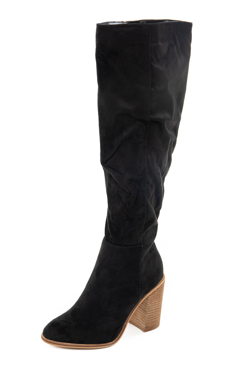 Black Faux Suede Tall Heeled Boots