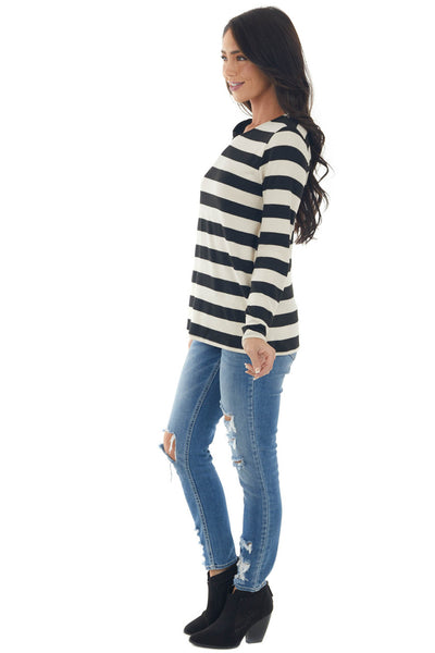 Cream Striped Top with Tied Cold Shoulder