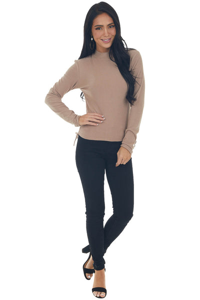 Latte Ruched Brushed Ribbed Knit Fitted Top