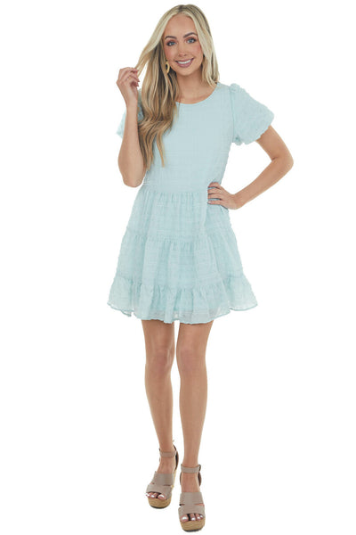 Light Blue Textured Woven Short Drop Waist Tiered Dress