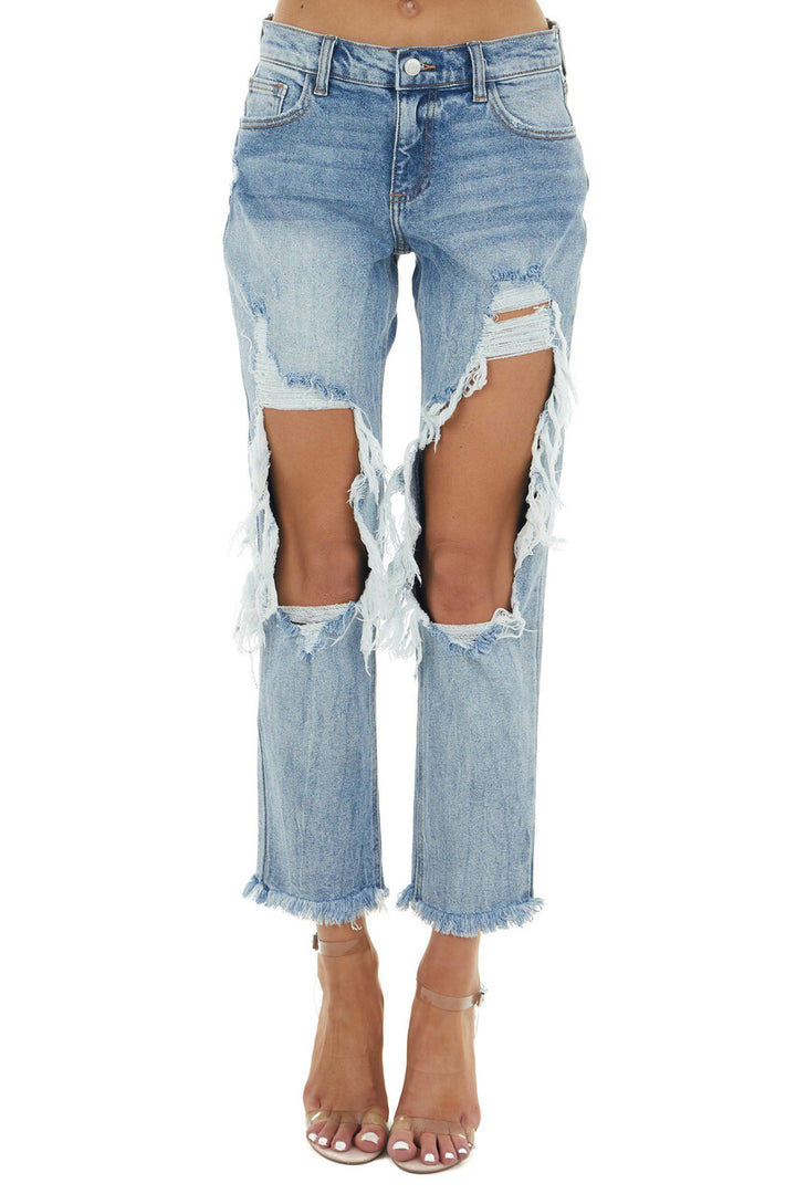 Medium Wash Mid Rise Distressed Jeans with Frayed Detail 