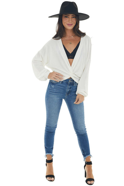Ivory Deep V Neck Knit Top with Twist Detail