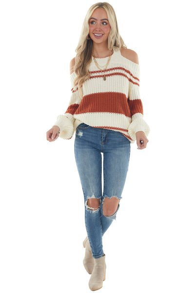 Tawny Striped Cold Shoulder Keyhole Sweater