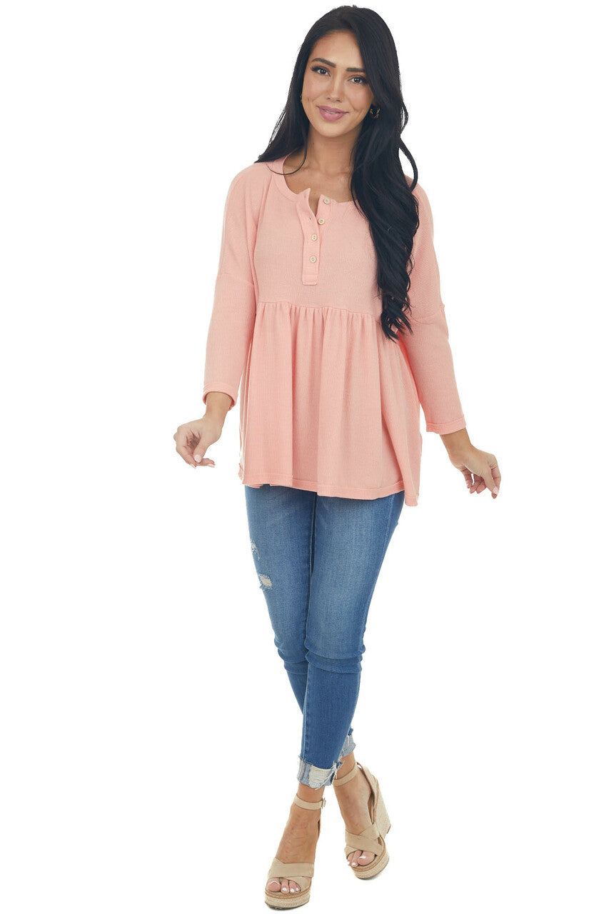 Coral Babydoll 3/4 Sleeve Oversized Henley Knit Top