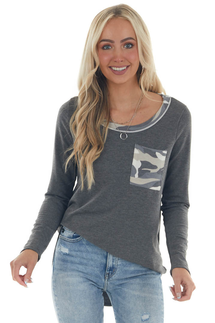 Graphite Camo Contrast Long Sleeve Knit Top