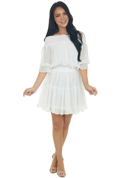 Ivory Off the Shoulder Swiss Dot Short Dress