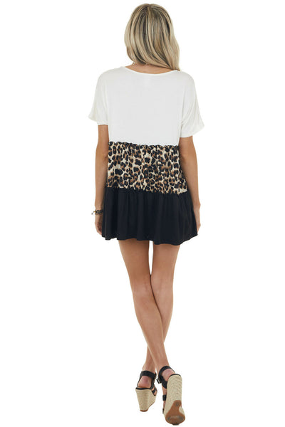 Ivory and Leopard Print Colorblock Stretchy Knit Tunic Top