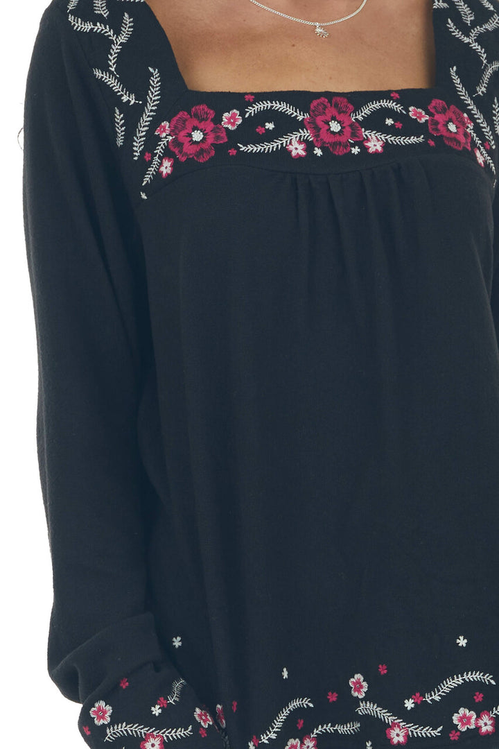 Black Floral Embroidered Babydoll Knit Top 
