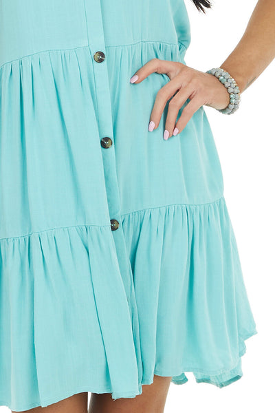 Turquoise Sleeveless Button Down Tiered Dress with V Neck
