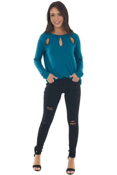Deep Teal Long Sleeve Triple Chest Keyhole Top 