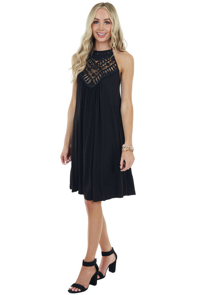 Onyx Black Short Dress with Lace Front and Keyhole Back