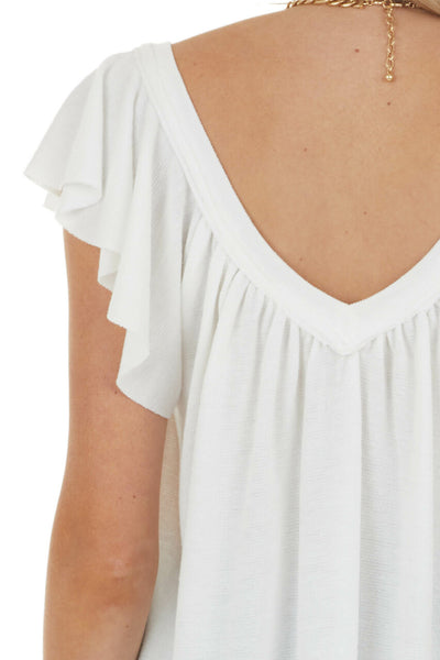 Ivory Pleated Flutter Sleeve Knit Top with V Neck