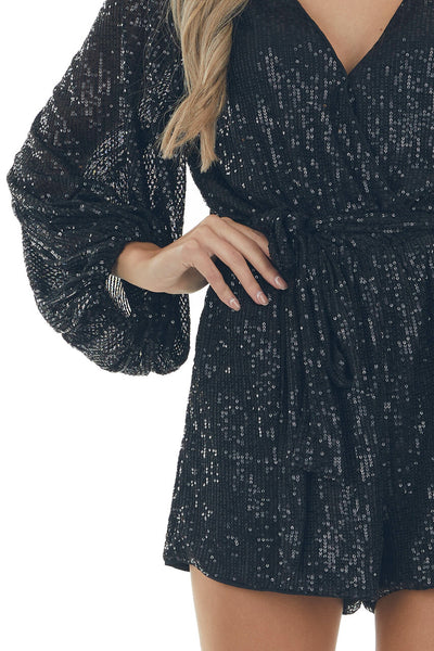 Black Sequin Surplice Bubble Sleeve Romper 