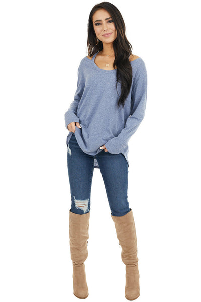 Dusty Blue Shoulder Cutout Long Sleeve Stretchy Knit Top