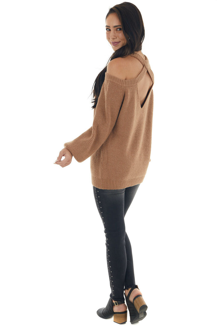 Brown Sugar Cold Shoulder Puff Sleeve Sweater