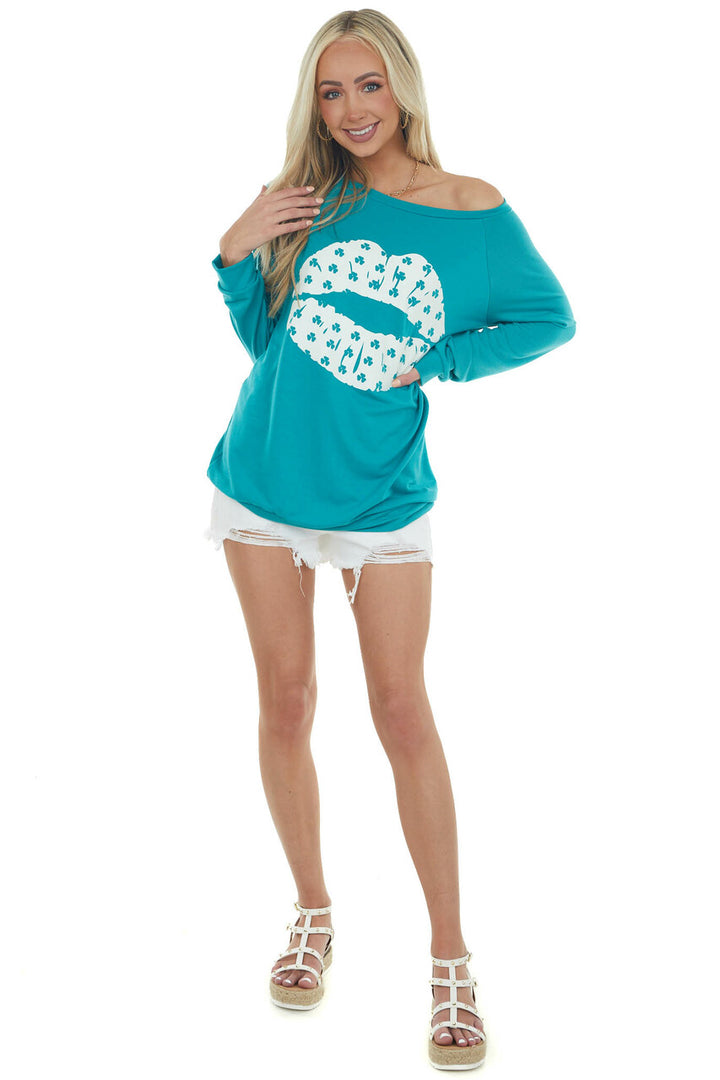 Pine Green Shamrock Lip Graphic Knit Top