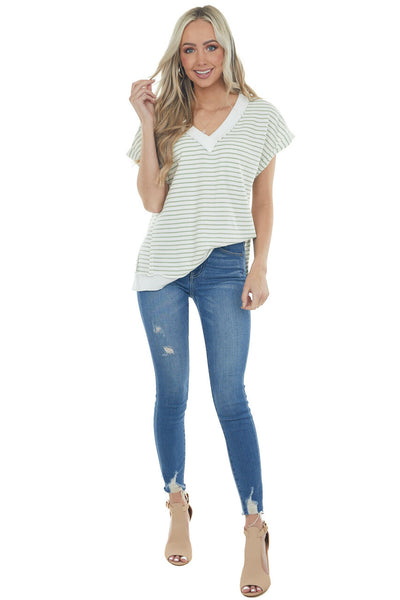 Sage and Ivory Striped V Neck Waffle Knit Top 