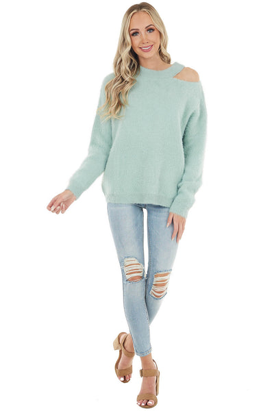 Mint Soft Fuzzy Knit Sweater with Cutout Detail