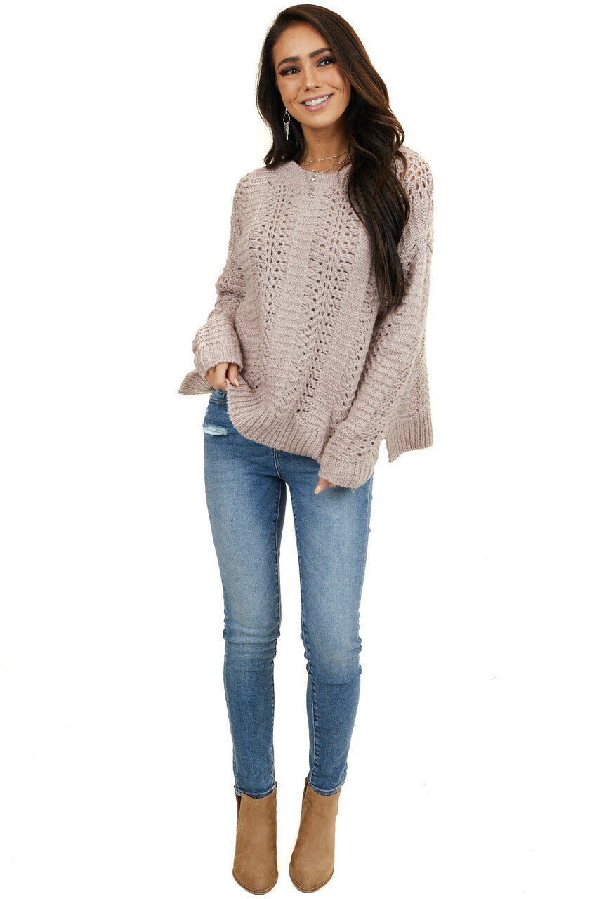 Light Mauve Loose Knit Fuzzy Sweater with Ribbed Trim