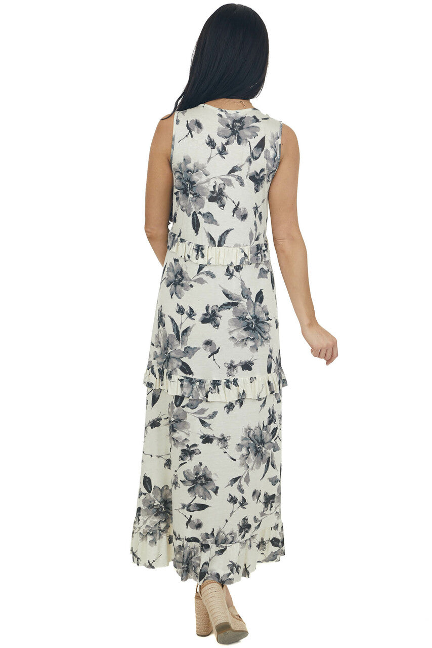 Champagne Floral Sleeveless Tiered Midi Dress