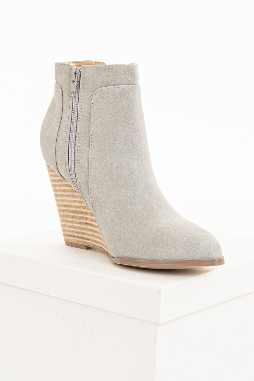 Clay Grey Faux Suede Stacked Wedge Bootie 