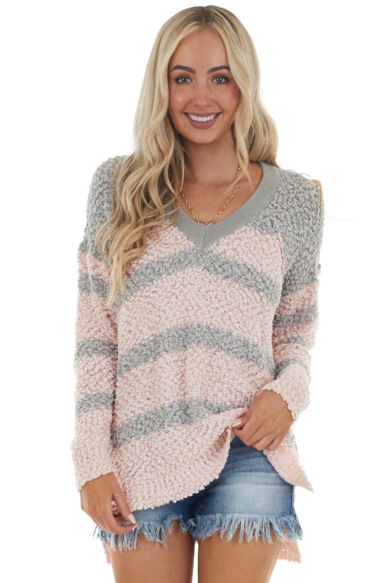 Blush Striped Popcorn Knit V Neck Sweater