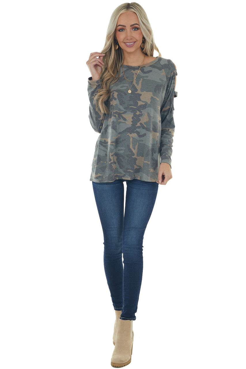 Olive Camo Raglan Sleeve Ladder Cut Out Top