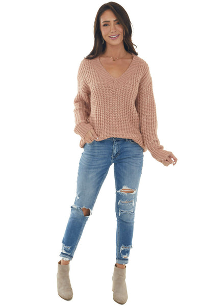 Faded Rose Stretchy Knit V Neck Sweater